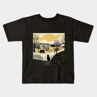 Vintage Cityscape Illustration: Urban Street with Houses, Lamps, Patterned Roads, Clouds, and a Stylish Black Cat in the Middle - Design Art Kids T-Shirt